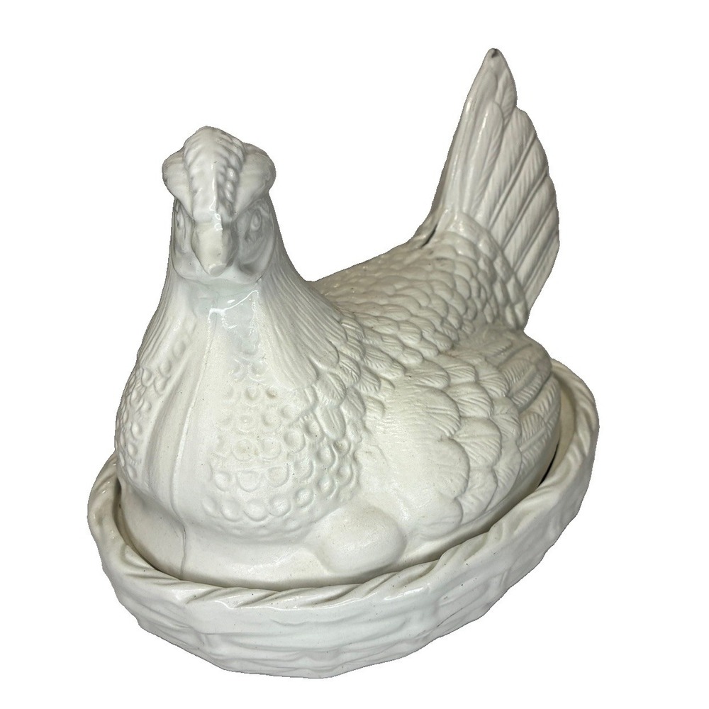 Large White Handmade Ceramic Hen On Nest Chicken Covered Dish of see pics Flaws